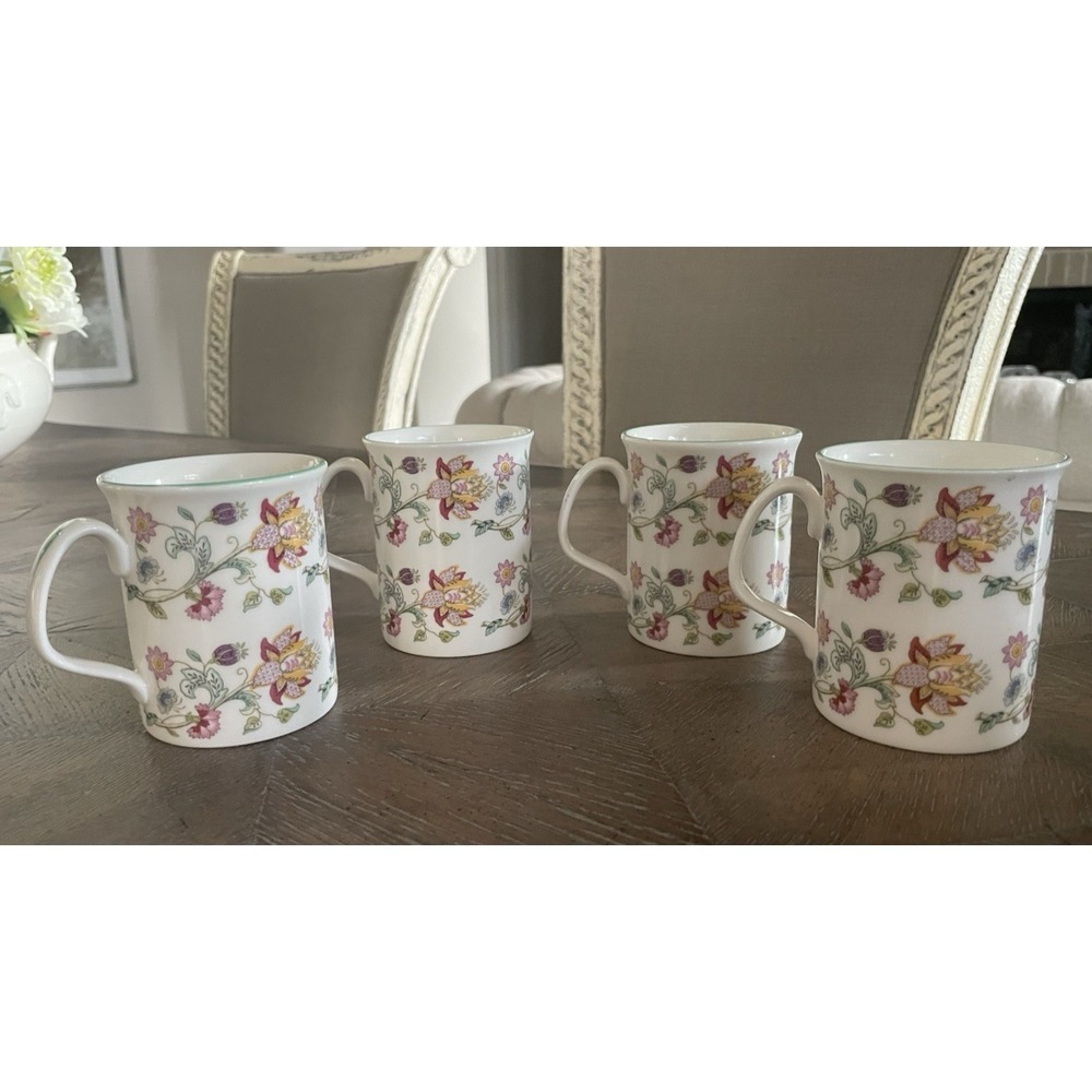 Minton Haddon Hall Green-Rimmed Floral Pattern Bone China Mug Set of 4 Exc Cond